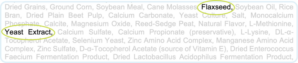 Various ingredients from Sentinel Senior horse feed with two cicled in bright green outlines: flaxseed and yeast extract.